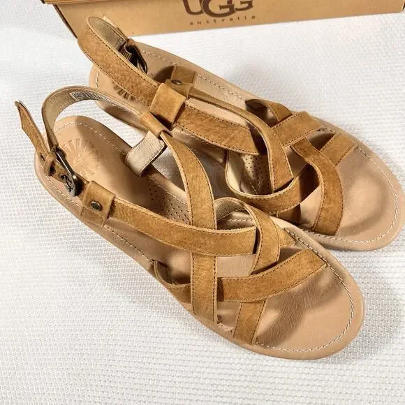 NIB Ugg Wedge High Heel Strappy Sandals Size 9 Brown Leather‎ - Picture 3 of 16